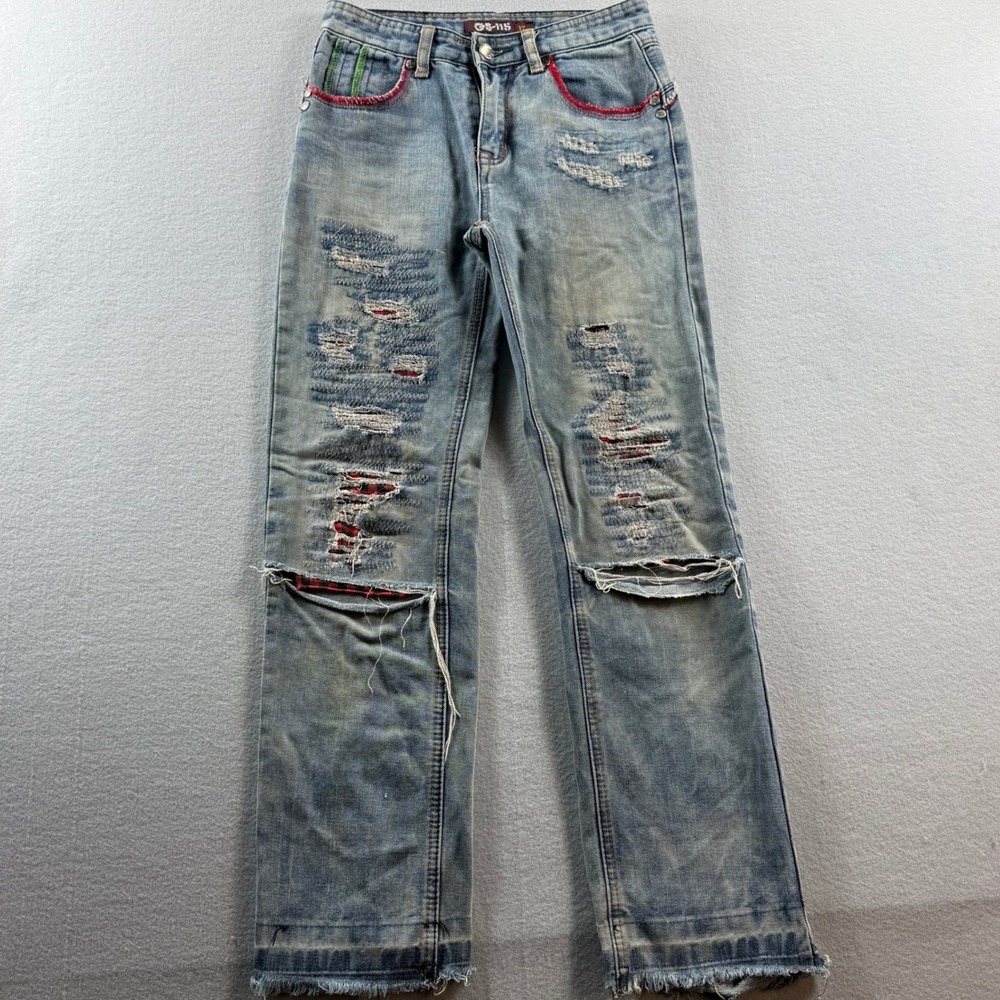 GS-115 Distressed Jeans Boys Size 12 Blue Denim Plaid Patchwork Y2K 26x27